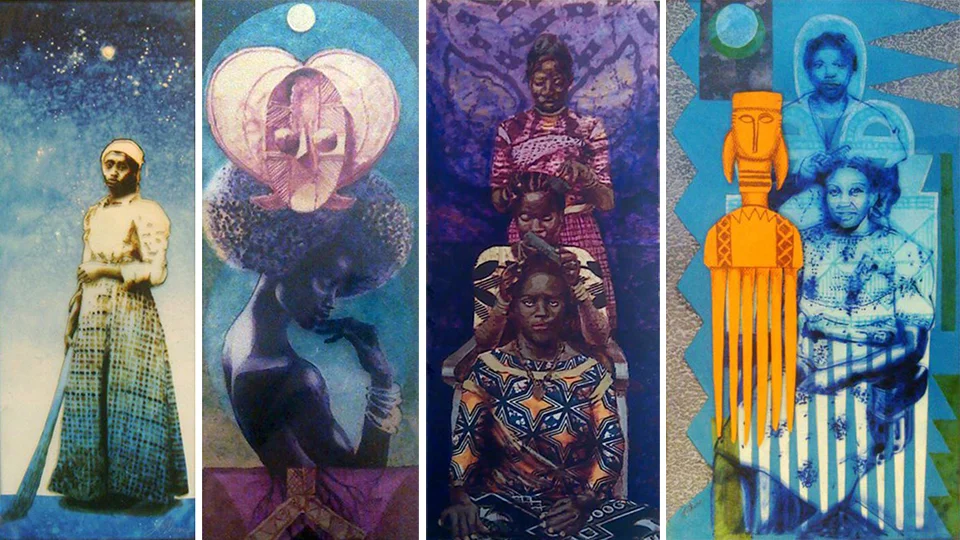 From his series of painted plexiglass over collage: The Sweeper; Earth, Woman, Spirit; Hair-Line; and The Salon.