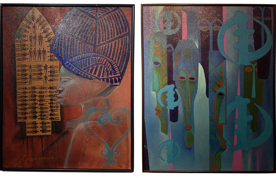 From the Adinkra series, Sankofa (left) and Ubiquity (right) both, acrylic on canvas.