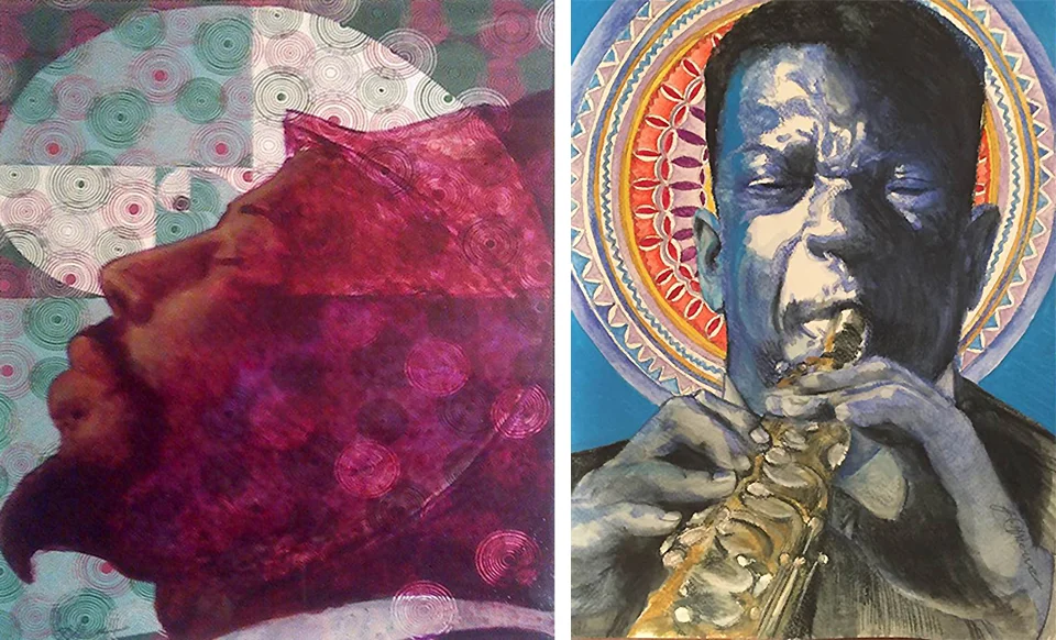 His love of music finds its way into his visual art: (left) Monk's Dream and (right) Saint John [Coltrane}, watercolors, colored pencils and acrylics.