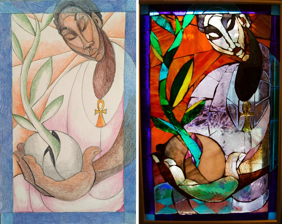 The original sketch for Cultivate, and the completed stained glass mosaic.