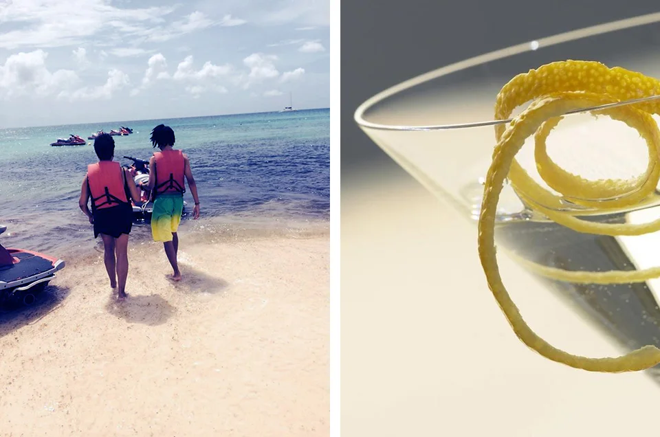 The Crofts in Aruba: Barbara and Chase head to jet ski, documented by Monte. And a classic libation.