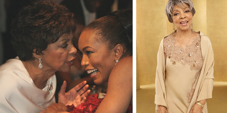 Ruby Dee, elegantly swathed in four-ply silk designs by Cassandra Bromfield. A vision in white, she speaks with Angela Bassett at Oprah’s The Legends Ball in 2005.. On the night she won Outstanding Performance by a Female Actor in a Supporting Role for American Gangster as “Mama Lucas” at the 14th Annual Screen Actor’s Guild Awards, she wore an embroidered lace-trimmed, silk bias-cut gown embellished with colored pearls, mother of pearl leaf beads and amber quartz beads.