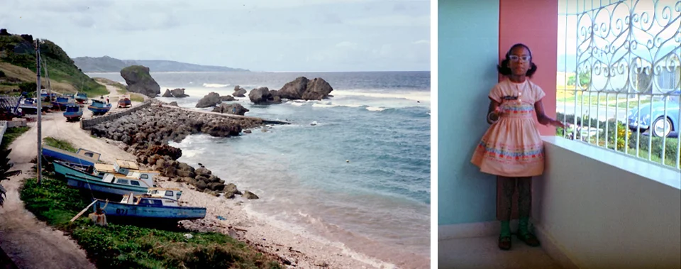 Left, St. Vincent, in the 1990s when the family made a “Roots” pilgrimage to lay a stone on Amy Bromfield’s grave. Right, Cassandra during her Puerto Rico residency. These Caribbean pops of color, aqua and coral, will recur in the color palette of her adult home. Photos courtesy of Cassandra Bromfield.