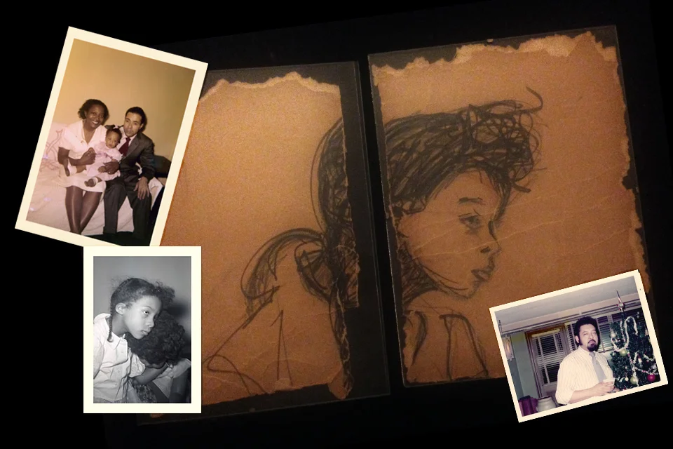 Elaine and Samuel Bromfield with their infant daughter; Cassandra in profile and the charcoal drawing it inspired her father to create; Samuel Bromfield during the holidays – one of the last times Cassandra saw him.