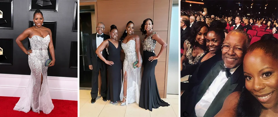 Dazzling on the red carpet, Tia’s GRAMMY night look landed her on the best-dressed lists of Vogue and Cosmopolitan magazines. Enjoying the festivities with her elegant squad: father, Fred, sister, Shamie, and sisterfriend, Margo. Red carpet photo: Zimbio/Getty Images. Other photos courtesy Tia Fuller.