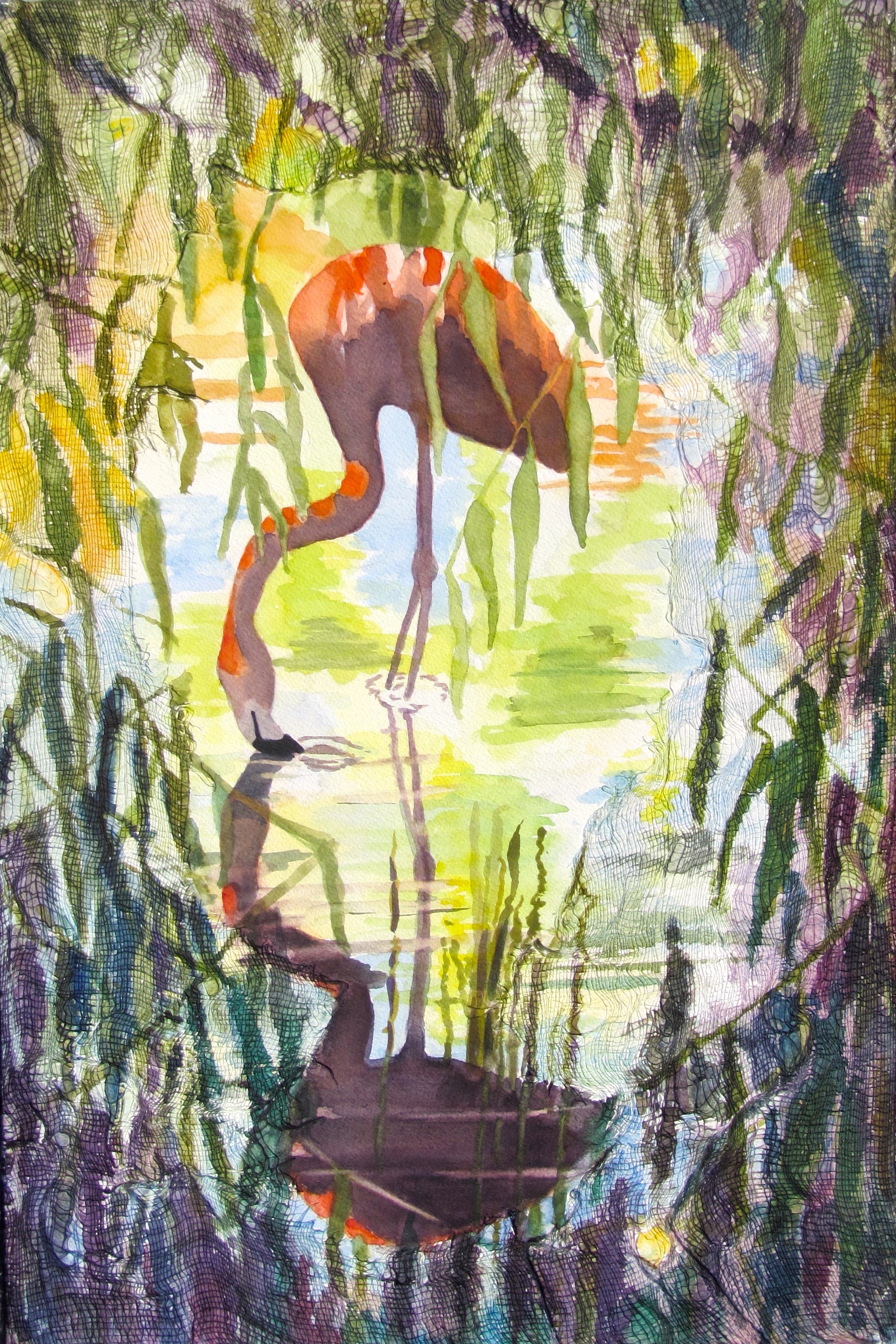 Flamingo, Watercolor on gauze, paper, 20" x 13"