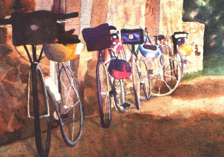 Waiting Bicycles, Watercolor Giclee, 14" x 17.5"