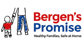 Logo for Bergen's Promise with a child and an adult holding hands. Text reads 'Bergen's Promise Healthy Families, Safe at Home' in red and blue.