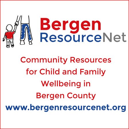 Logo for Bergen ResourceNet with an illustration of a child and an adult holding hands, and text about community resources for child and family wellbeing in Bergen County, including the website URL.