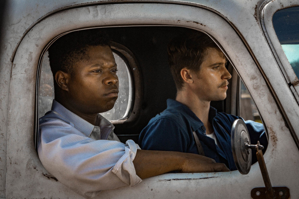 Jason Mitchell as Ronsel Jackson and Garrett Hedlund as Jamie McAllan, brothers-in-arms who return from WWII to face very different welcomes in Jim Crow Mississippi. Photo by Steve Dietl.