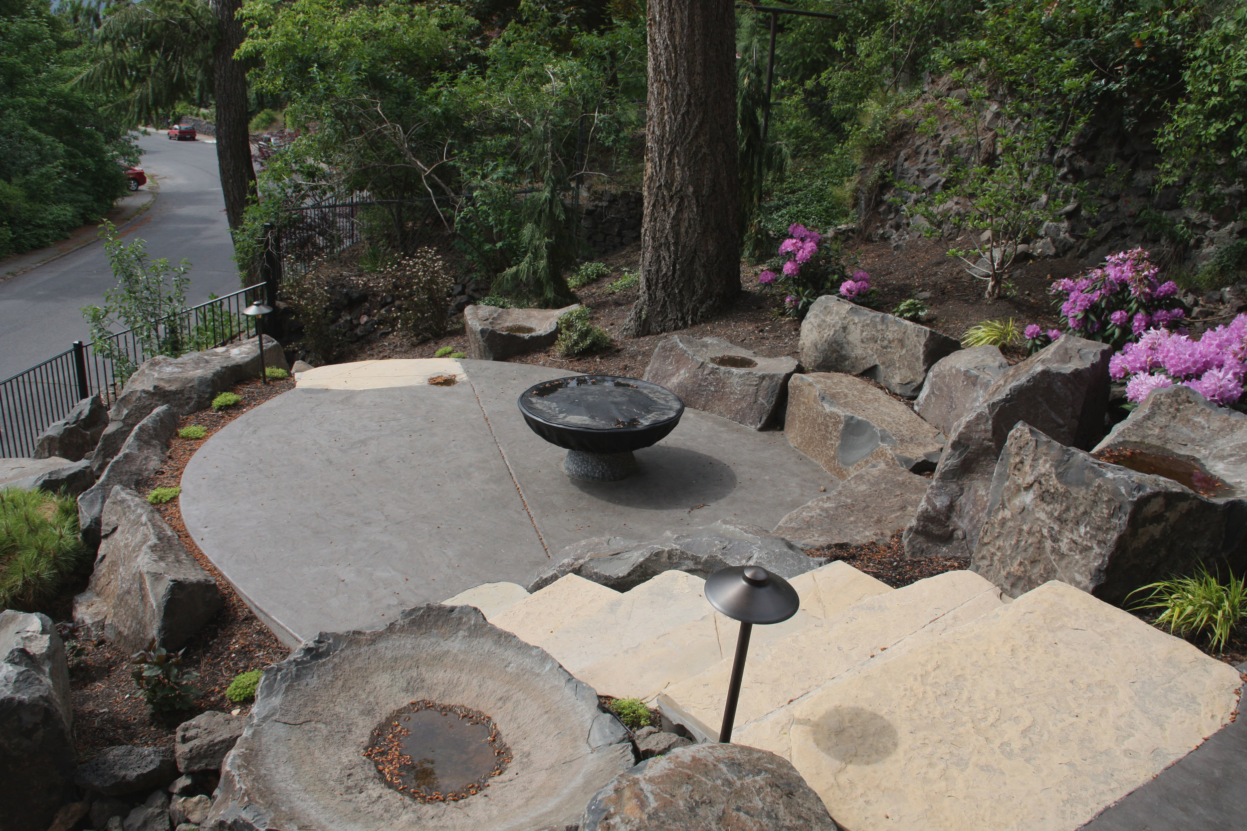 fire pit with basalt seat rocks