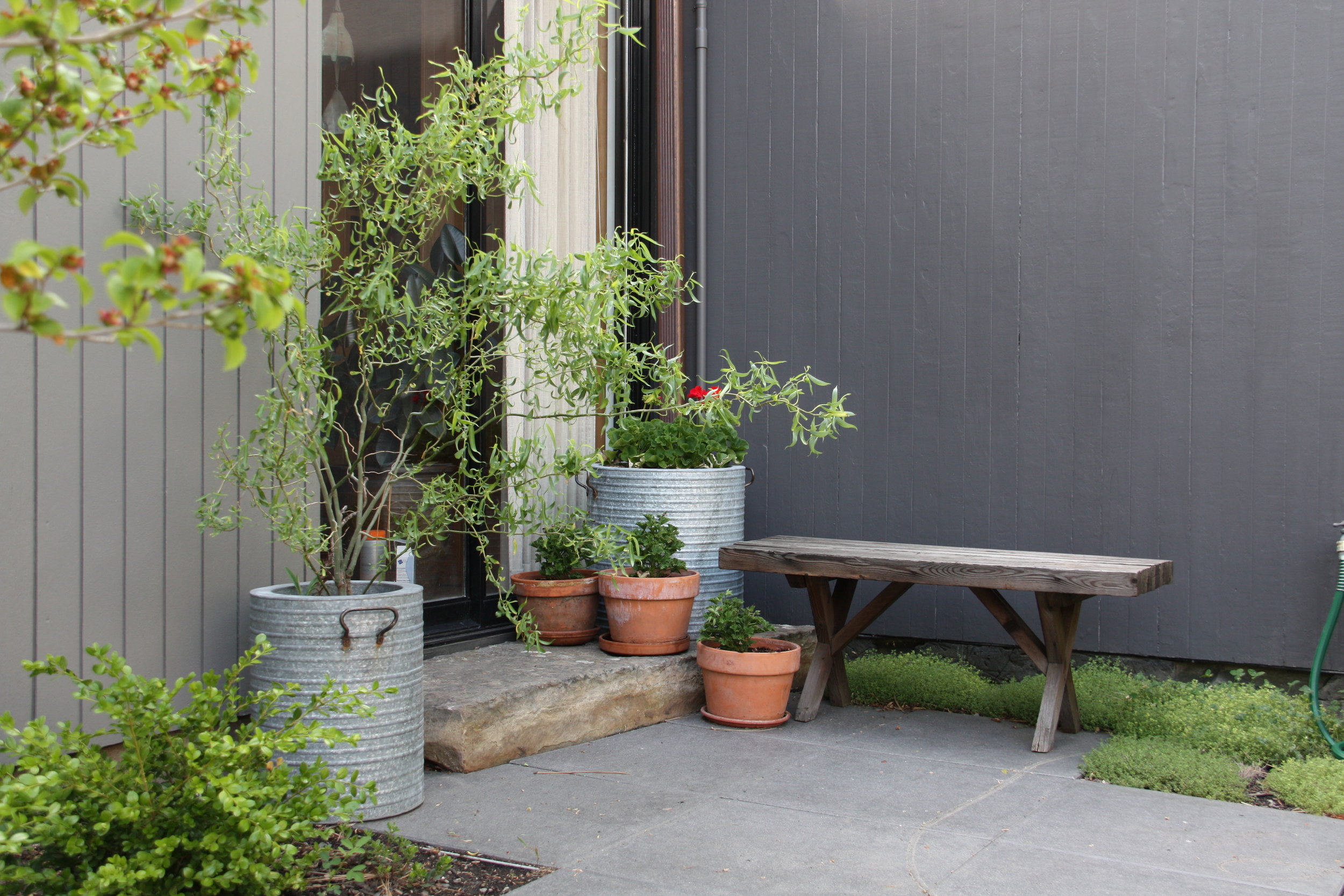 natural stone step entry with pots