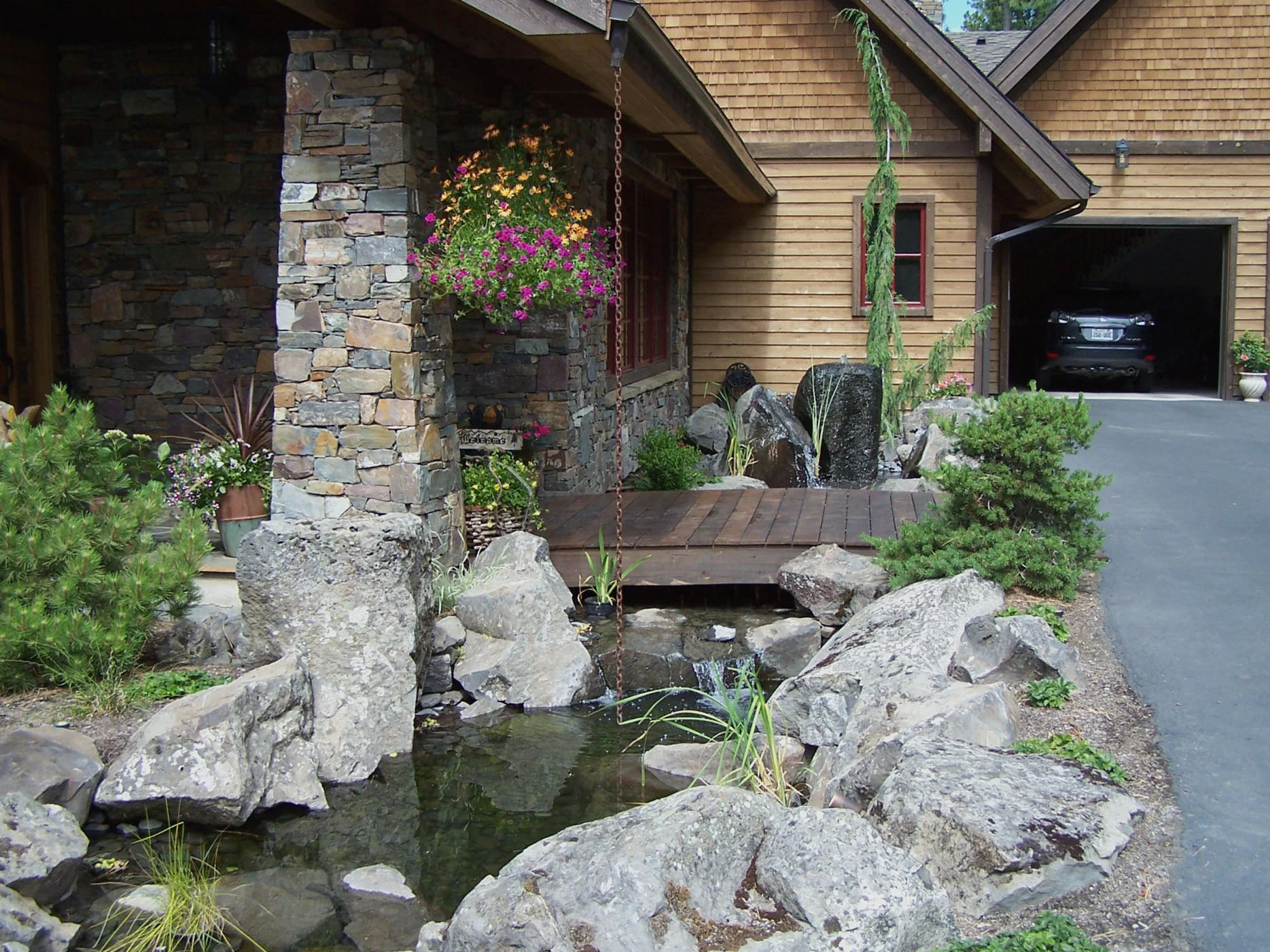 This moat-like water feature creates an experience for visitors.