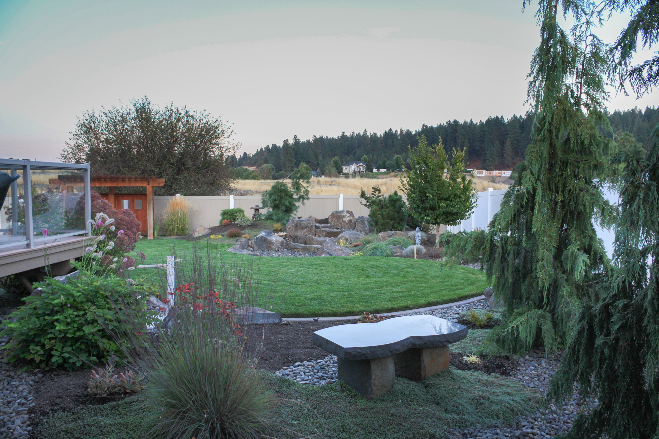 stone bench with japanese landscape in spokane valley