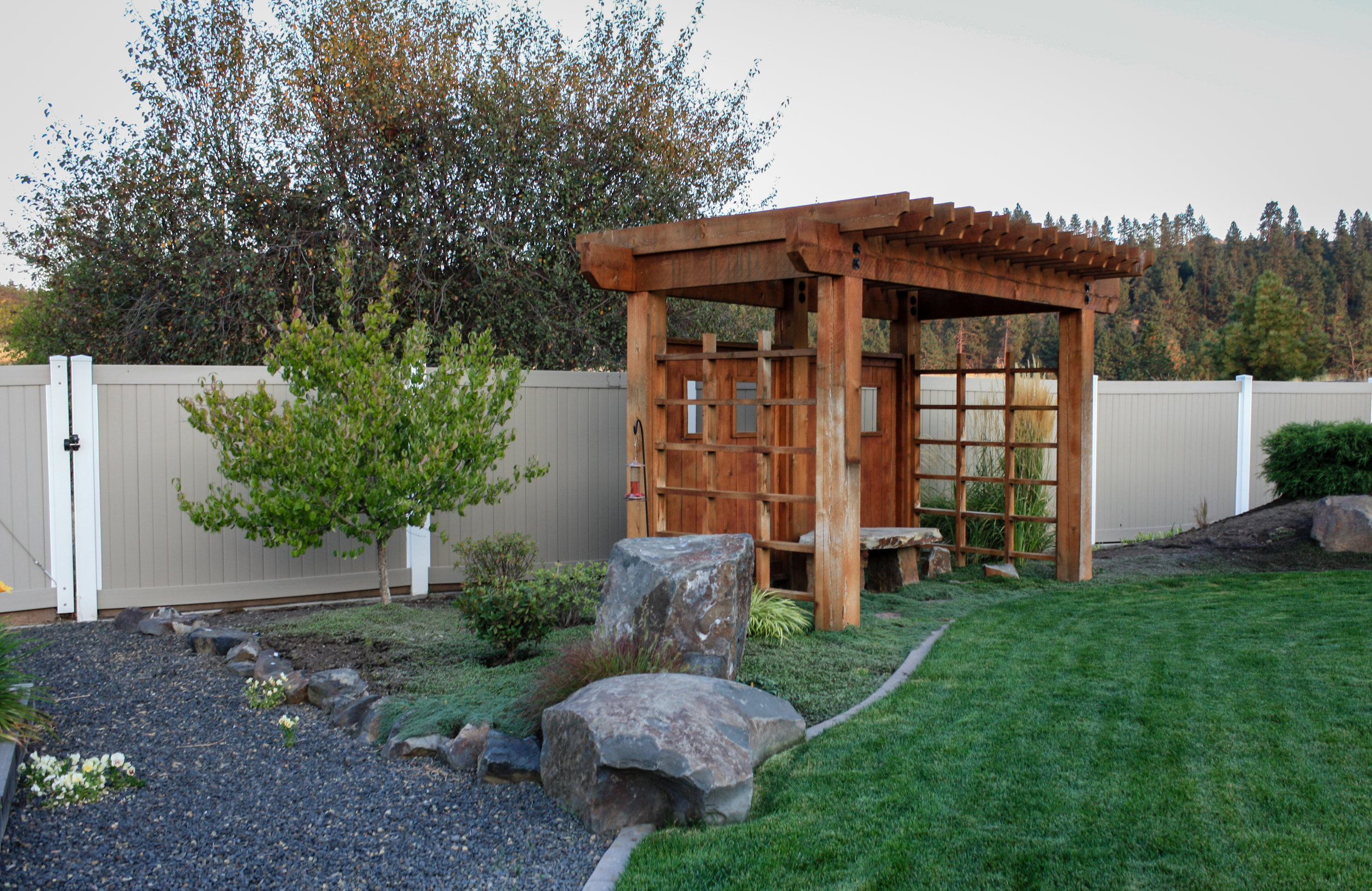 gravel pathway and timber pergola in spokane valley