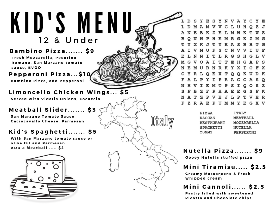 Racca’s Pizzeria Napoletana Kid’s Menu
