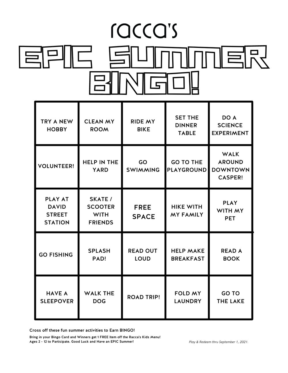 Kid's Epic Summer Bingo! — Racca's Pizzeria Napoletana