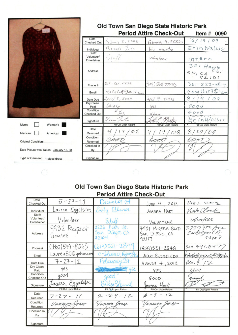 Documentation of check out forms of Period Attire belonging to the State Of California.