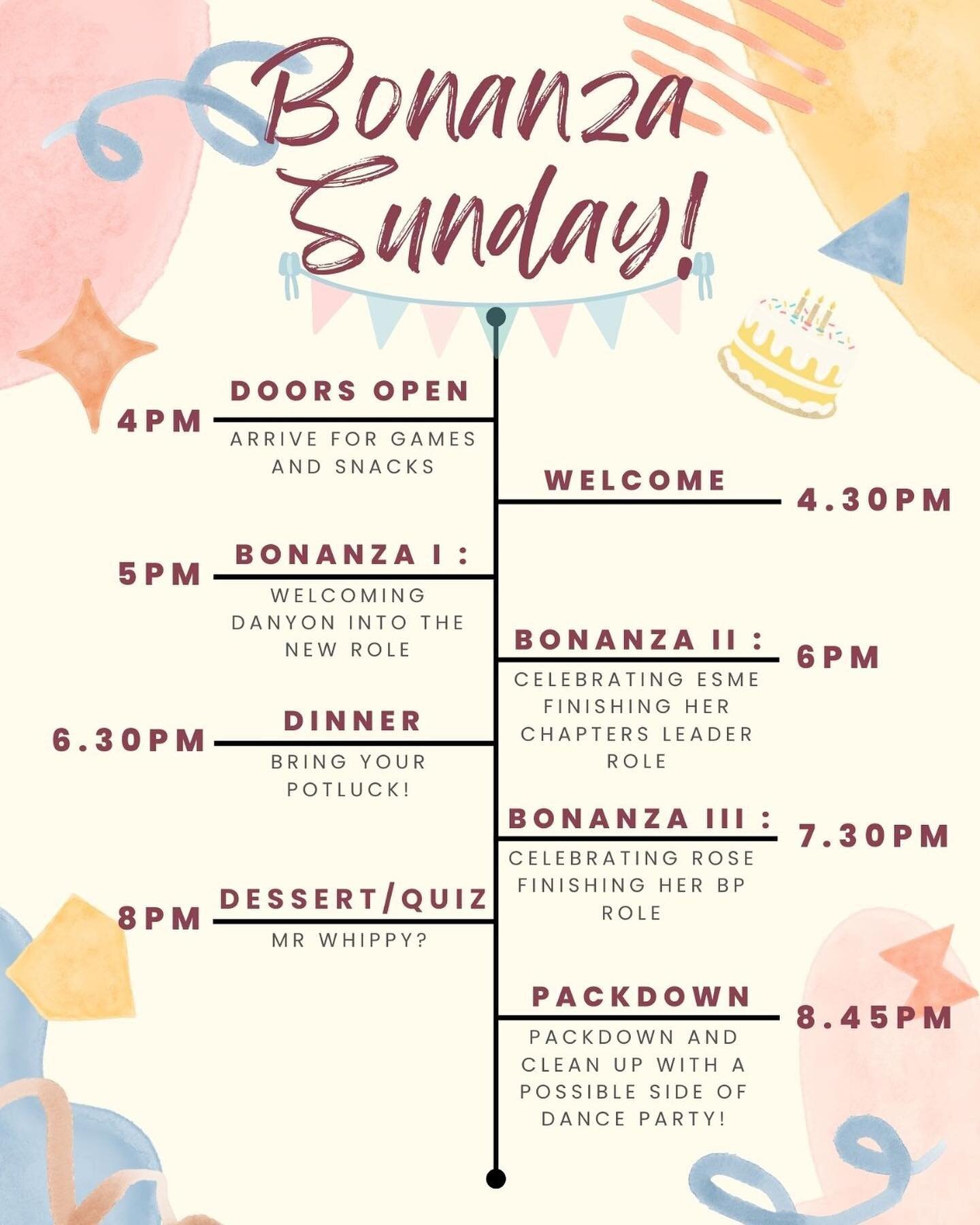 BONANZA SUNDAY! 1 October! We are celebrating Rose &amp; Esme finishing up and me (Danyon) starting in the role of interim Blueprint leader! 😎👀☀️One awesome way to help celebrate Rose &amp; Esme well would be to help out on the day! Bring a plate o