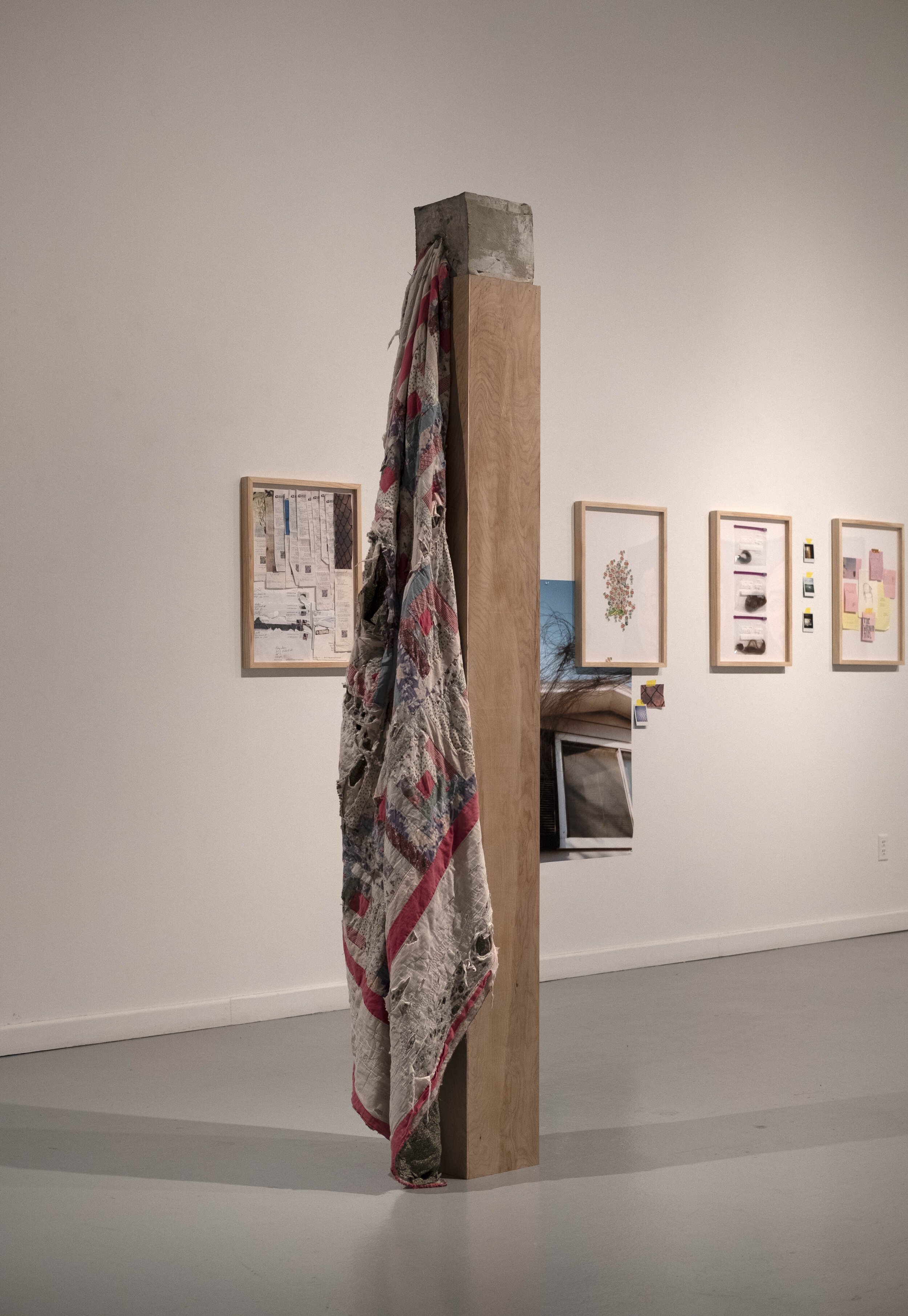 Kacey Slone, Now Forever, (2021). Childhood blanket, concrete, wood