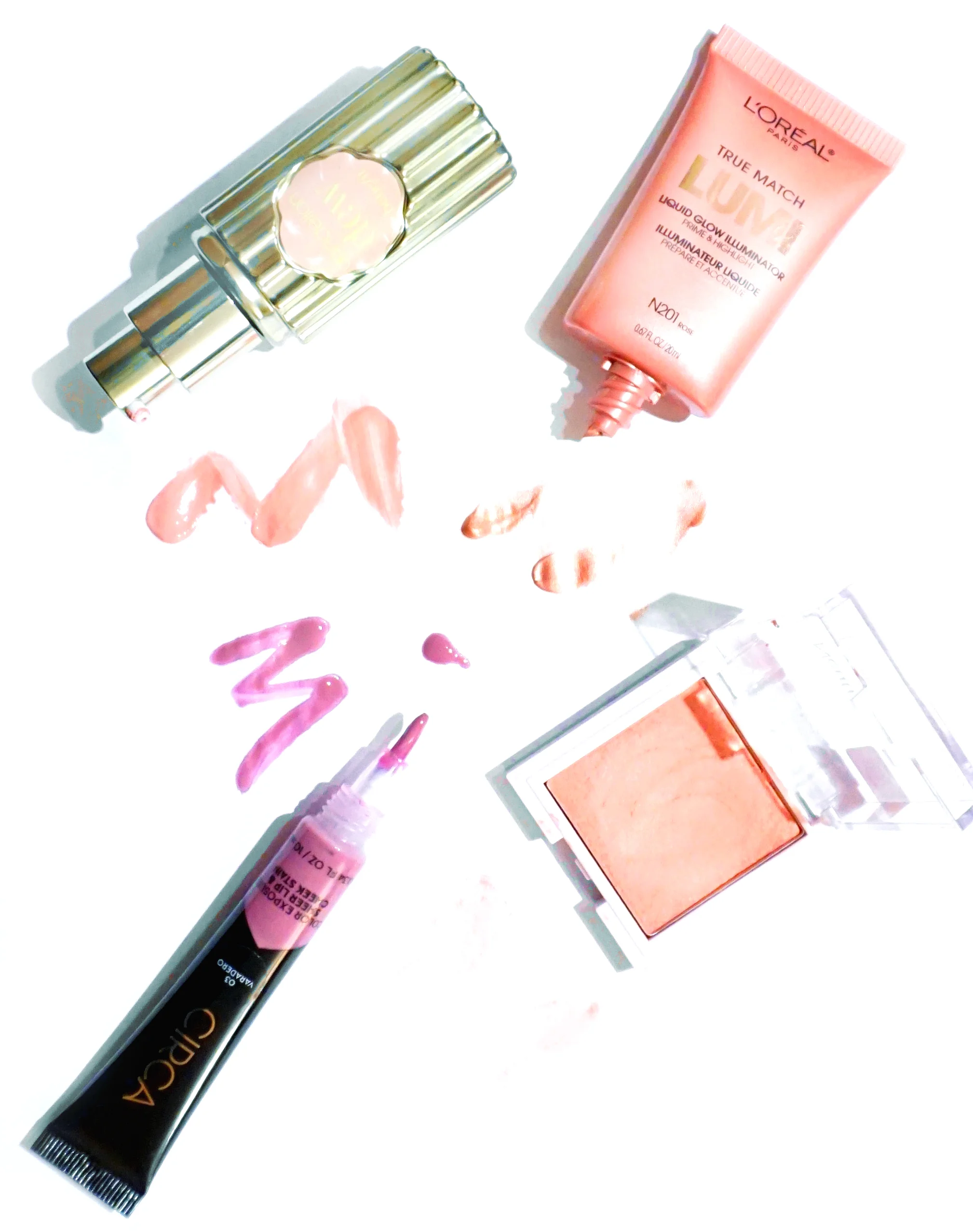 BENEFIT DANDELION DEW // LOREAL LUMI LIQUID GLOW ILLUMINATOR "ROSE" // NEUTROGENA HEALTHY SKIN BLUSH "ROSY" // CIRCA LIP & CHEEK STAIN "VARADERO"