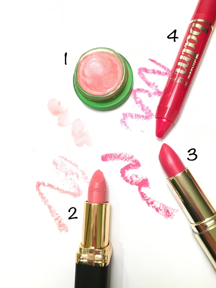 1. Tata Harper Volumizing Lip and Cheek Tint in Very Sweet // 2. L'Oreal Color Riche Collection Exclusive in Julianne's Nude // 3. Milani Color statement lipstick in blushing beauty // 4. l'oreal glossy balm in baby berry.