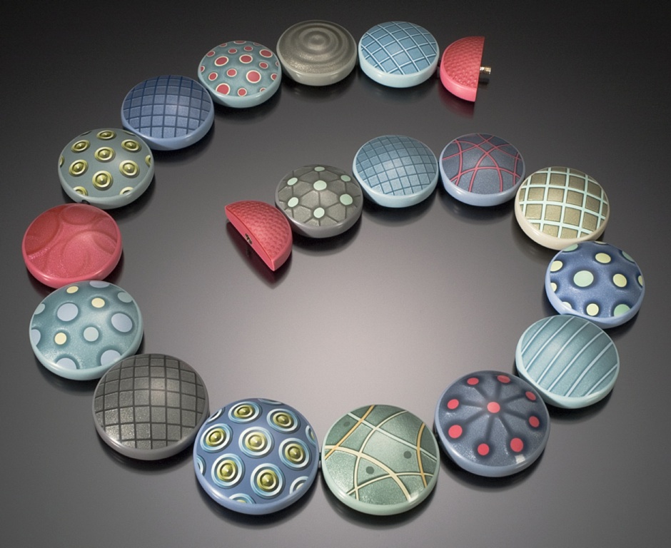Dan Cormier, Natalia Necklace , 2007 1″ – 1 1/2″ beads, polymer, buna cord, embedded metal clasp | part of the permanent collection of Racine Art Museum