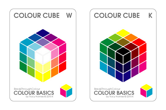 both sides of the Colour Cube Key Card : White connecting with Tints, Black connecting with Shades, and pure Hues connecting around the other edges