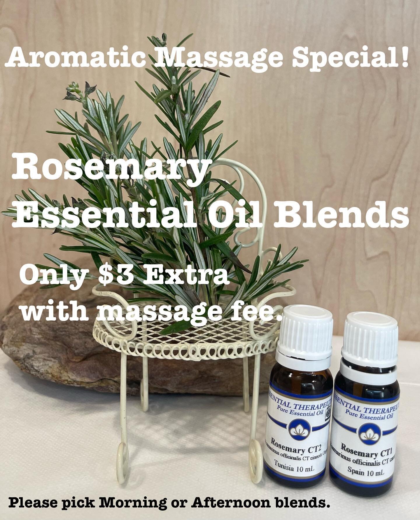 Aromatic Oil Massage Special.  Only $5 extra on Remedial and Relaxation massage! 
Please pick our original Rosemary base essential oil blends, Morning or Afternoon blend.