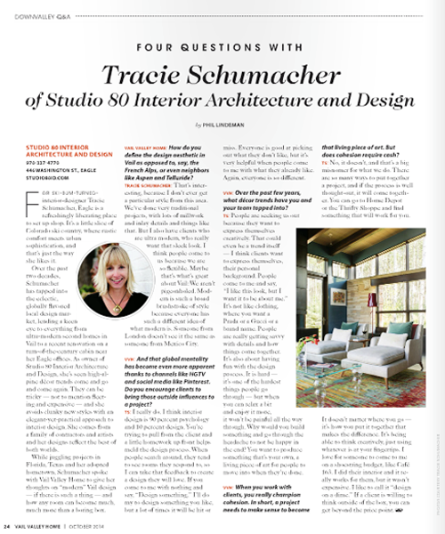 Vail Valley Home Magazine, October 2014: Interview – ‘Four questions with Tracie Schumacher’