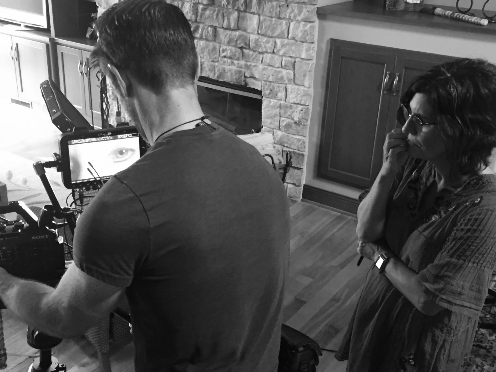 Cinematographer Joel McGinty and director Debra Tolchinsky setting up the shot for True Memories and Other Falsehoods, a documentary featuring Penny Beerntsen, Door County, WI