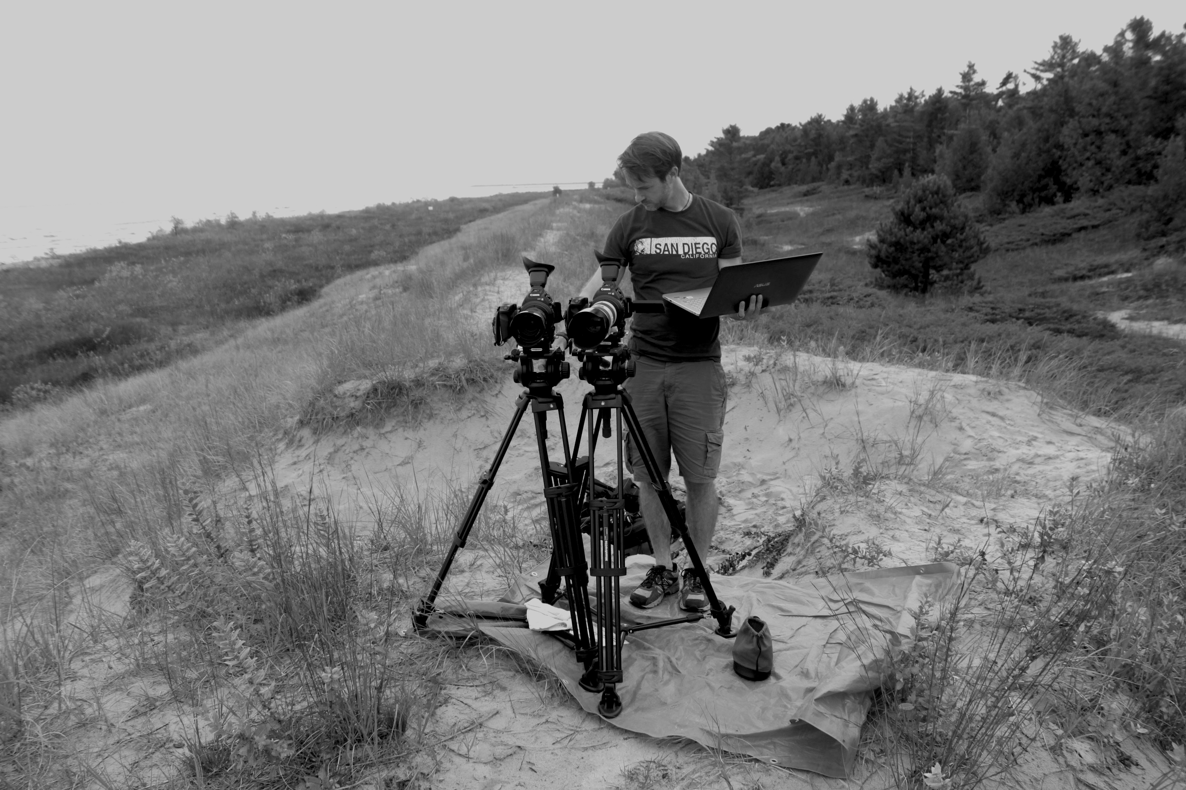 Joel McGinty setting up to shoot at Point Beach State Park for the documentary True Memories and Other Falsehoods 
