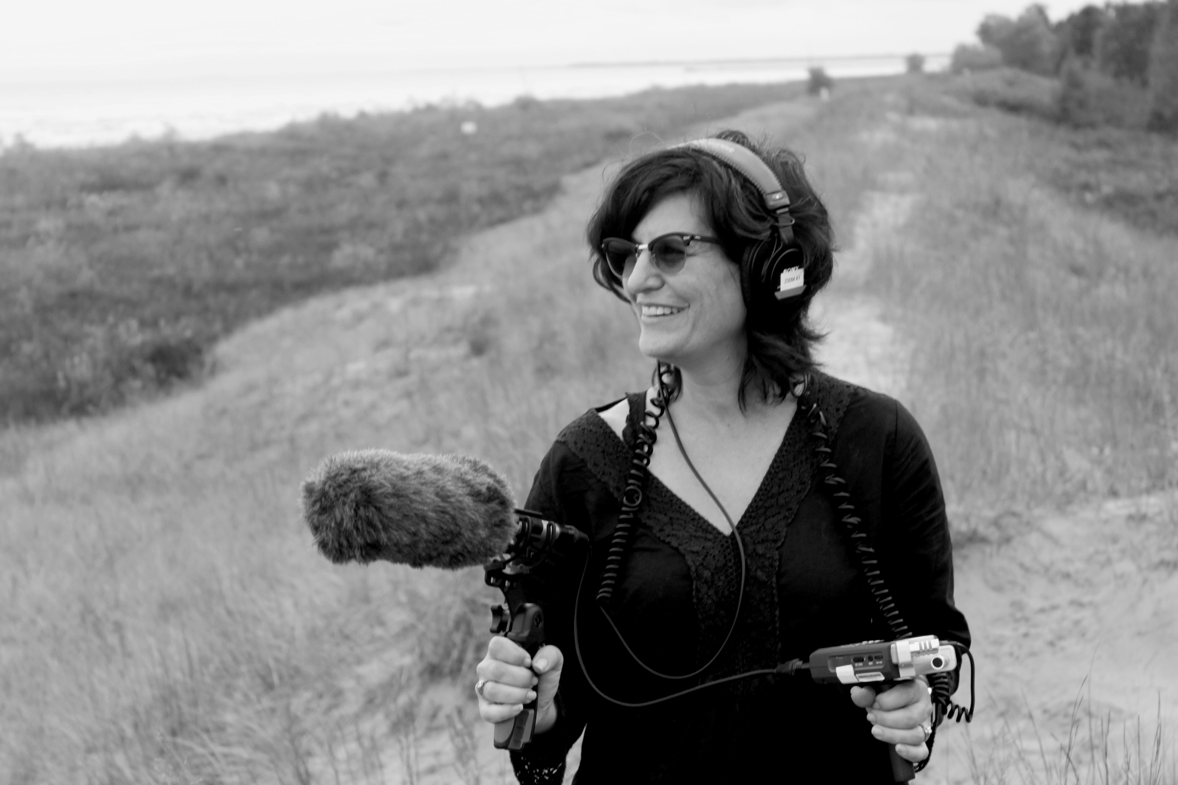 Debra Tolchinsky recording sound at Point Beach State Park for the documentary True Memories and Other Falsehoods 
