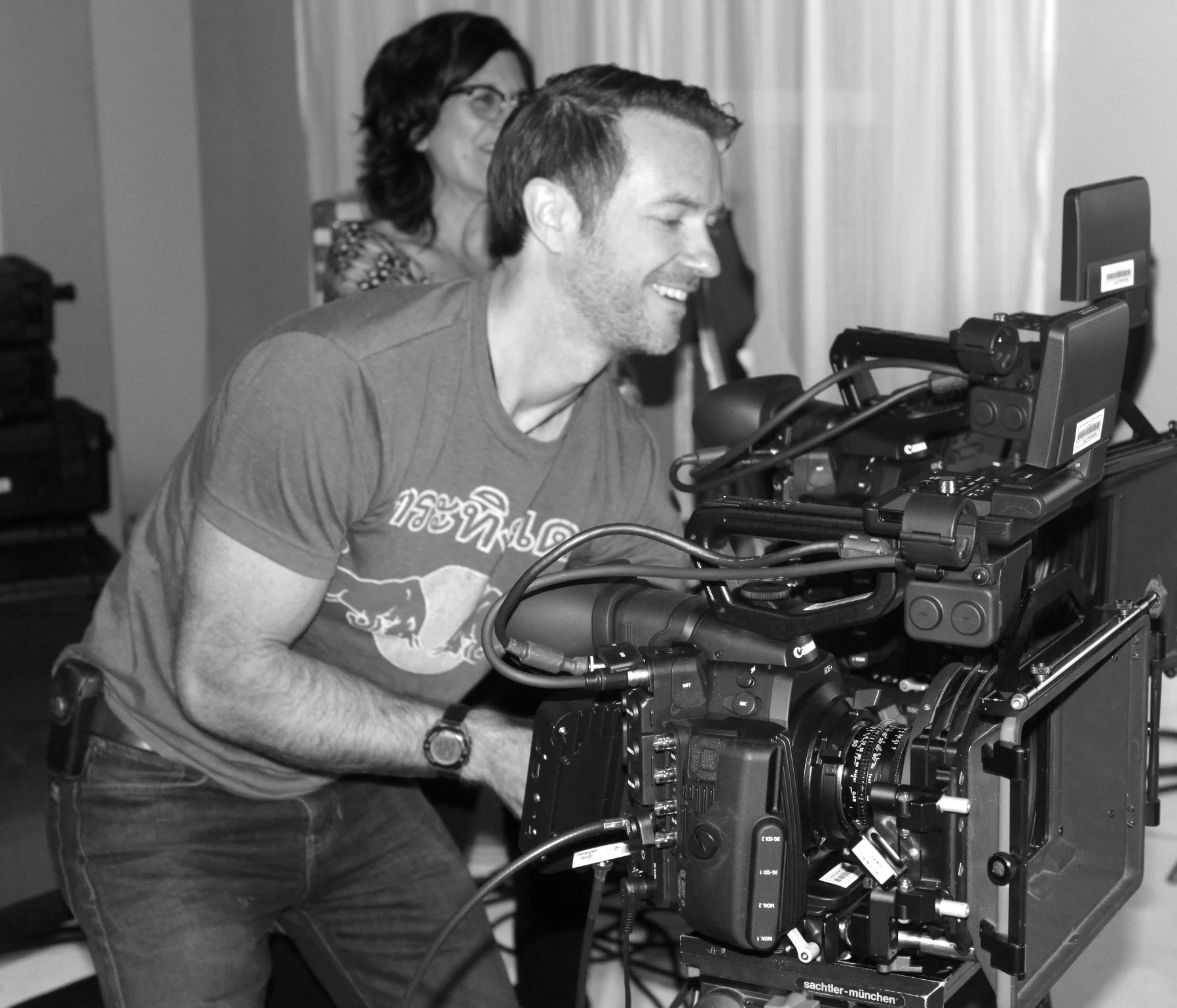 Cinematographer Joel McGinty and documentary director Debra Tolchinsky prepare to interview Penny Beerntsen for the documentary True Memories and Other Falsehoods