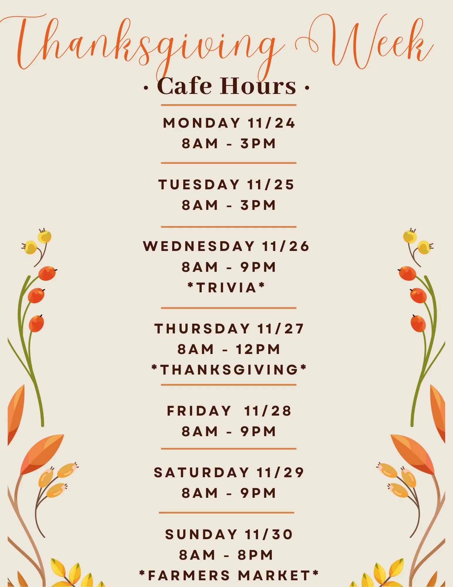 Thanksgiving Week Cafe Hours