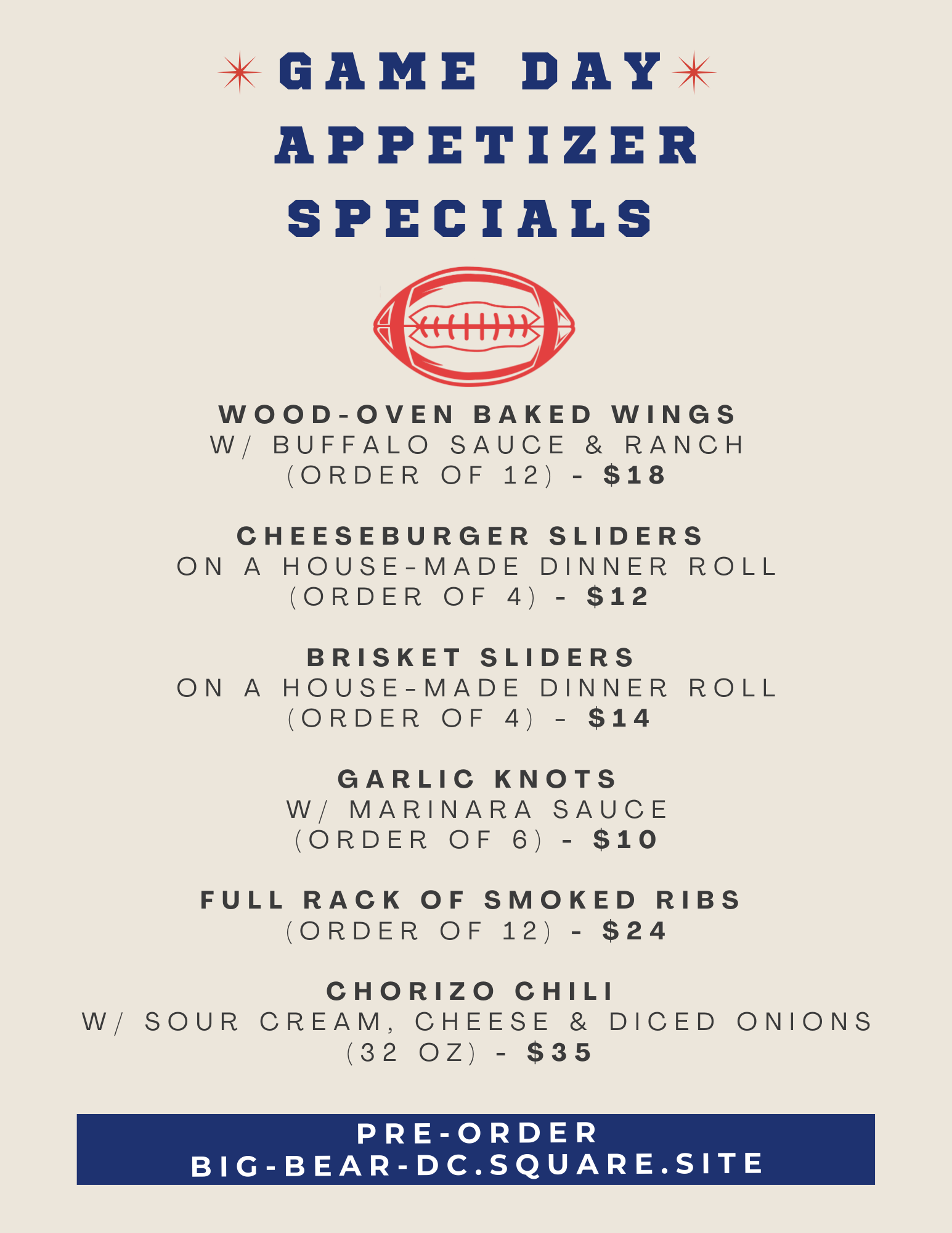Sunday- Game Day Appetizer Specials 