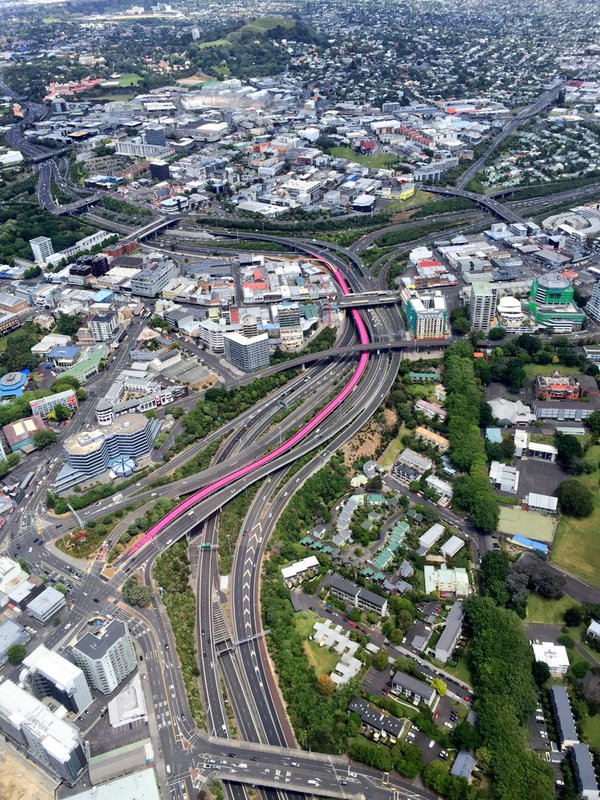 Not highlighted for the photo, this is the actual appearance of the Auckland Lightpath from the air. it joins the Great Wall of China as one of the few man-made constructions visible from outer space.