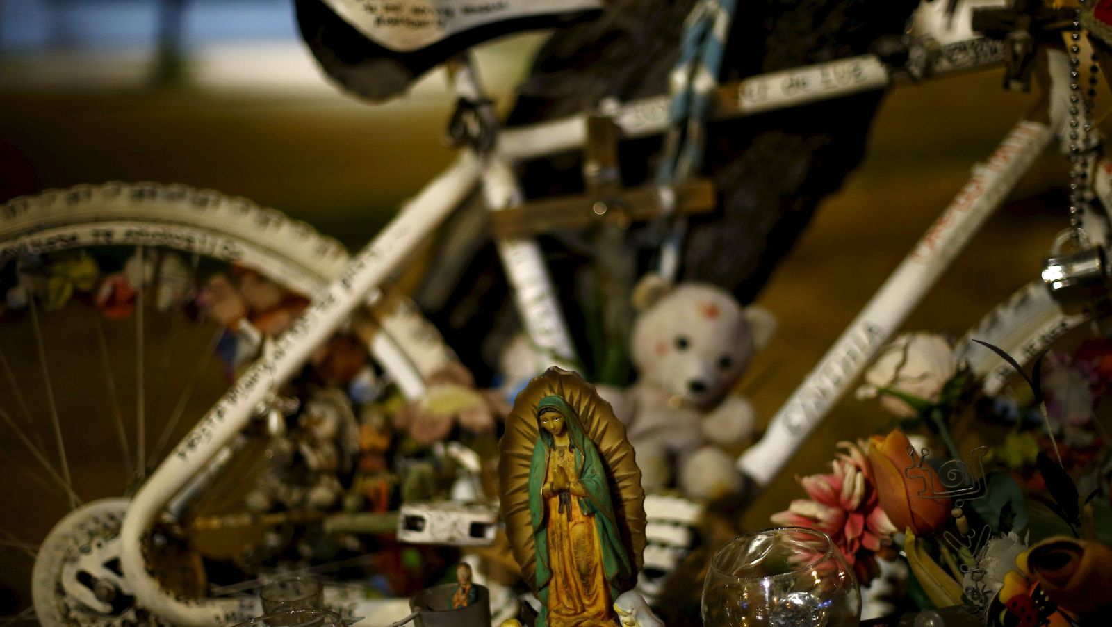 Ghost bike and memorial to the murdered cyclist. What is it, if not murder, to drive your car at someone and drive off laughing?