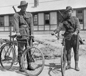 Henencourt, France 1917; Private Jack Dair Bambury (left) & Private Herbert (Terry) Davies of the 1st Anzac Cyclists Battalion standing, with their bicycles, in front of their barracks. 