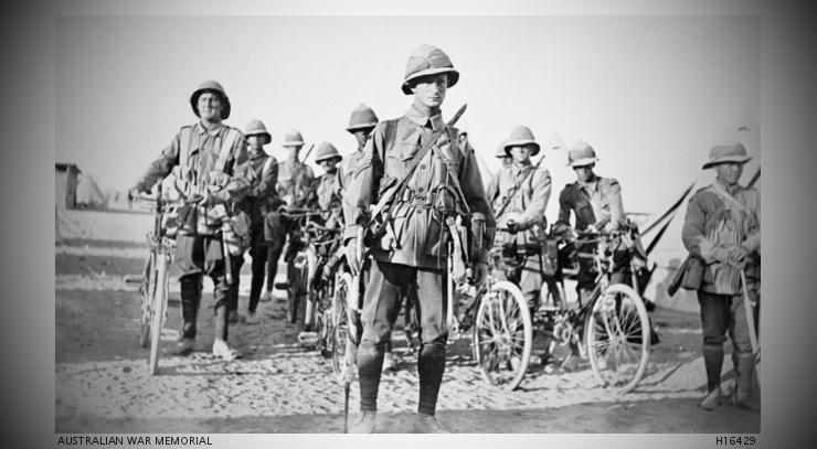 Serapeum Egypt c 1915; the Signal Section of the 13th Battalion, with bikes and signal equipment, ready to for a ceremonial parade