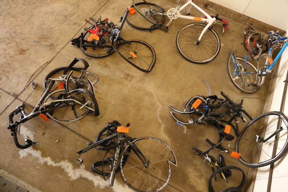 Crushed bikes in the evidence locker.
