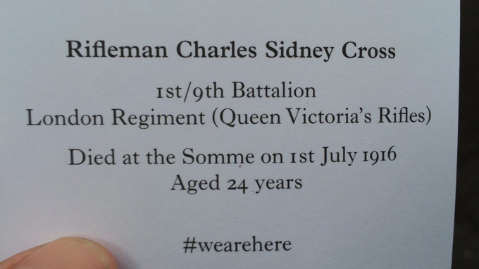 The "ghost" soldiers handed out cards about the real soldiers who died on 1 July 1916