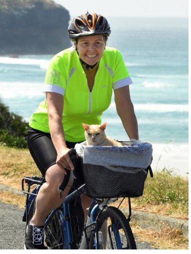 Jan Murch takes her Burmese cat, Mac, for a ride on John Wilson Ocean Dr yesterday. Photo: Stephen Jaquiery