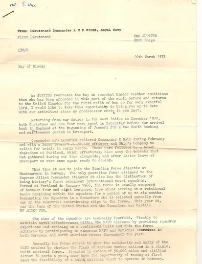 The attached copies are of items donated by Eddie Hill whose father was on the Battleship Jupiter, as an 'old Jupiter' the Ship's Sec. sent Newsletters to keep them up to date with the 'current' Jupiter F60.A letter of thanks was sent by the Secretary on behalf of the Association for this historic donation.