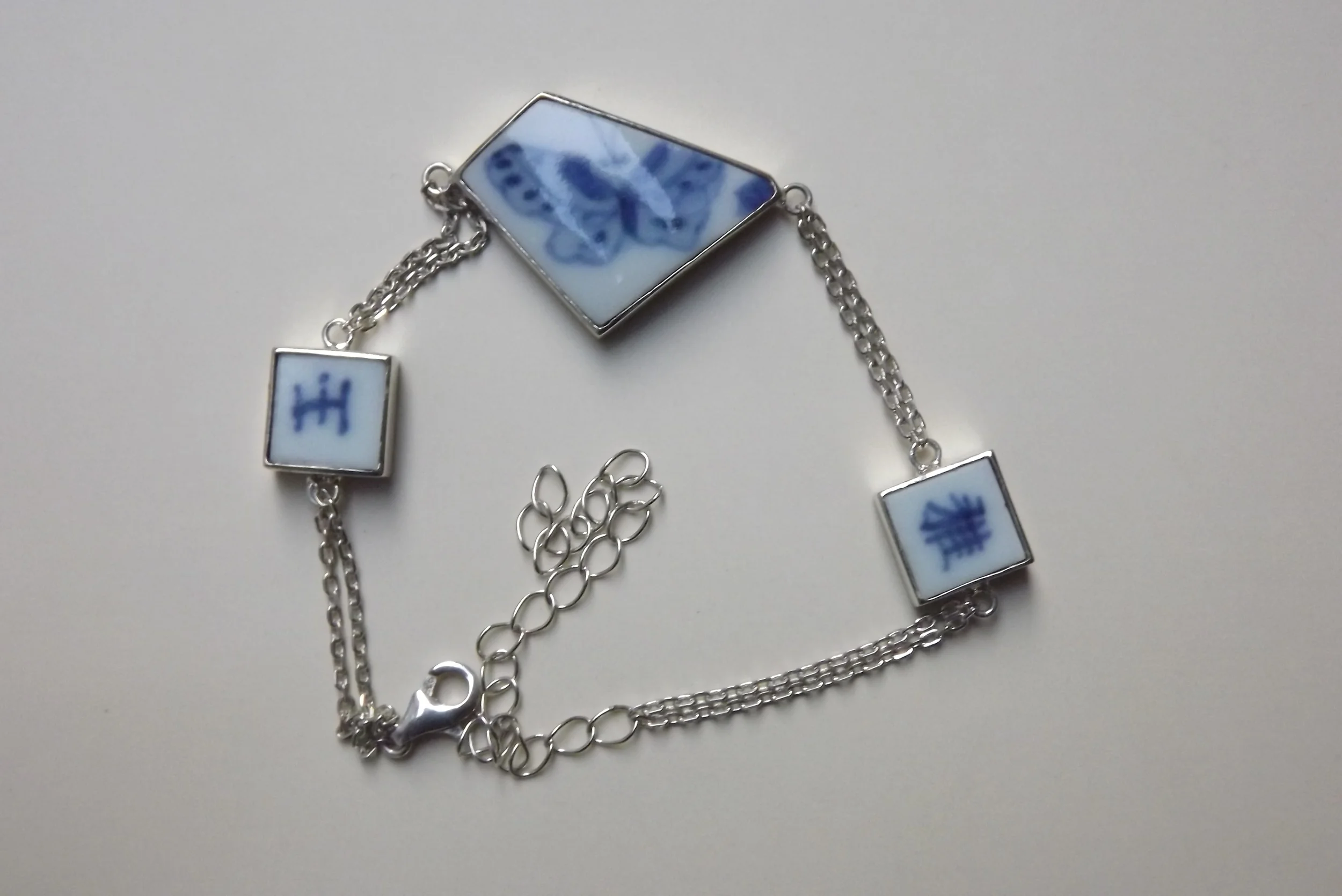 Chinese antique porcelain handmade sterling silver blue and white butterfly bracelet