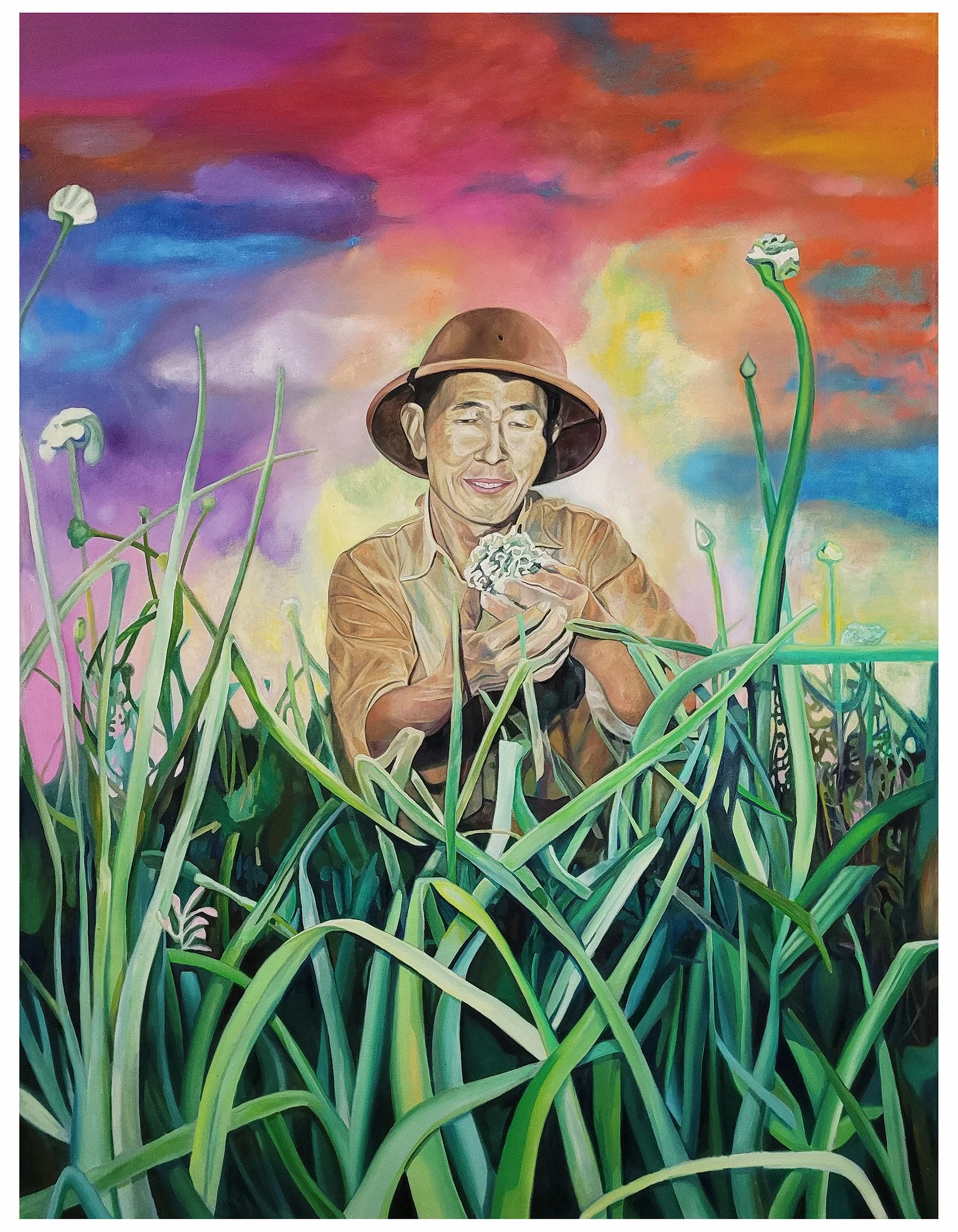 S Hanasaki Examines Onion Plants, Gila River Relocation Center Arizona 1940s