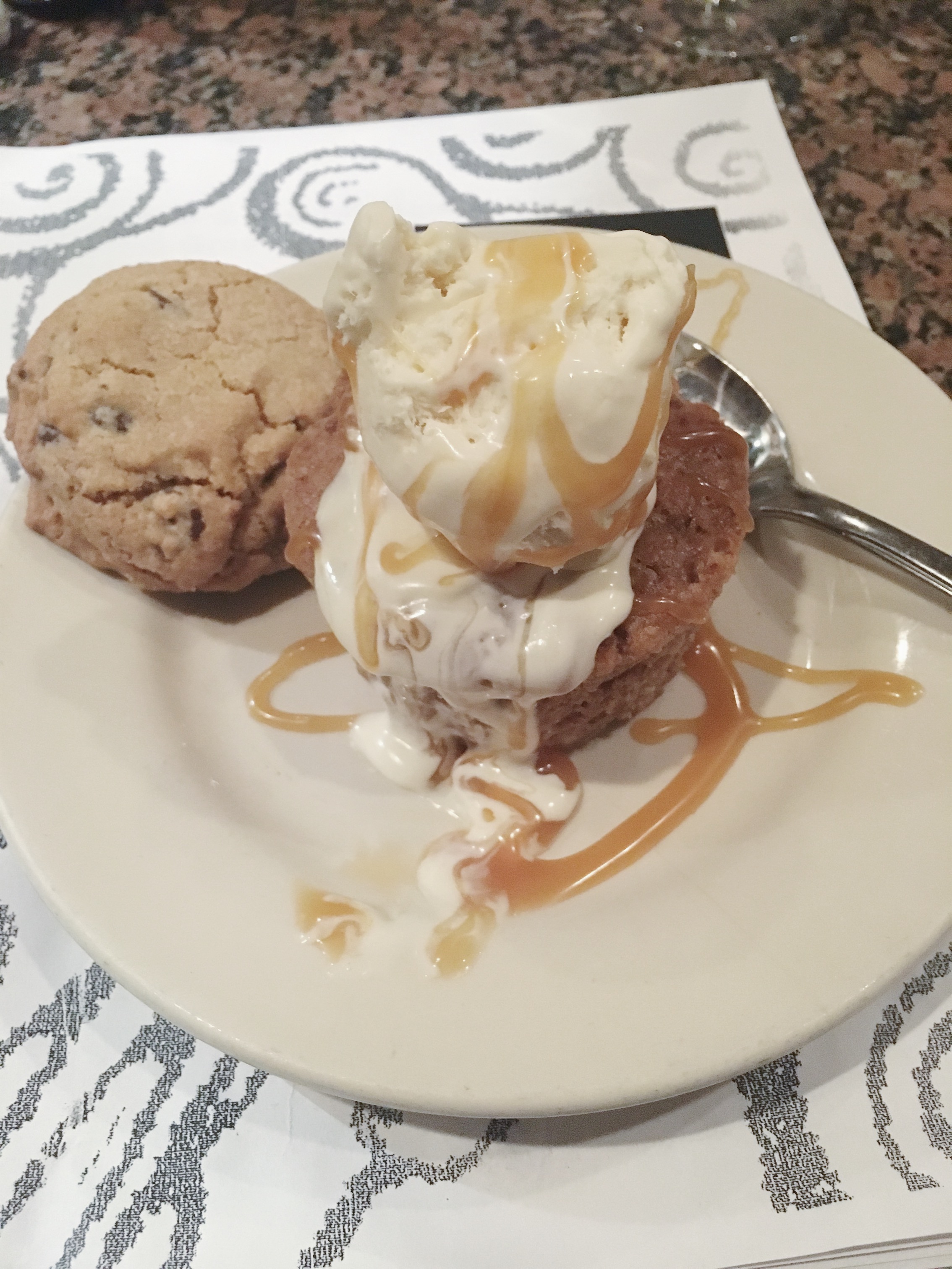Toffee and Chocolate Muffin with Homemade Vanilla Ice Cream, Caramel Sauce and a Classic Chocolate Chip Cookie