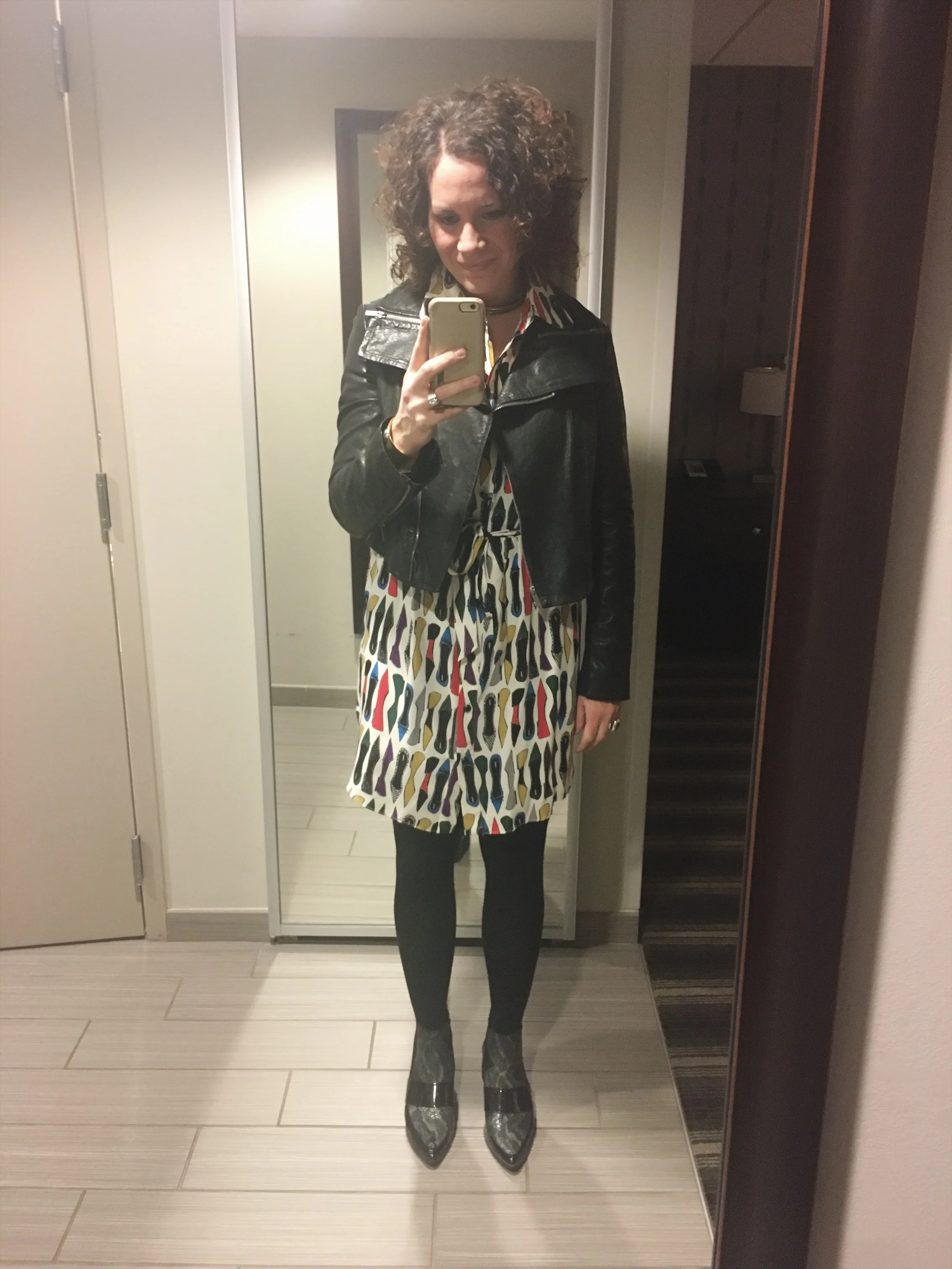 Leona by Lauren Leonard Shirtdress | BCBG Cropped Leather Jacket | Amanda Valentin e x Margaret Ellis Jewelry Necklace and Cuff | Michael Kors Watc h | ASOS Chelsea Boots