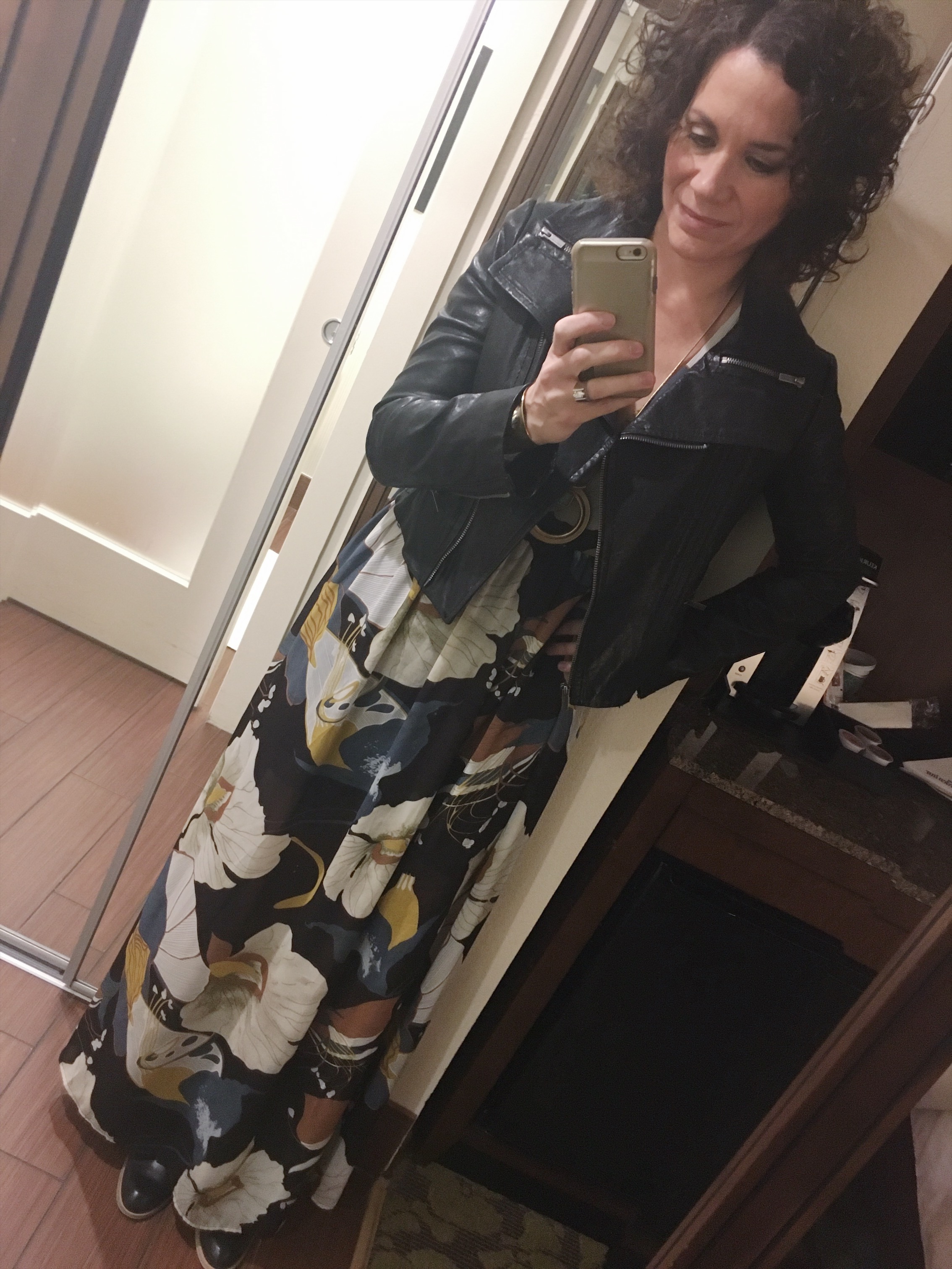 I like to break up the print and toughen this dress up a bit by adding my BCBG leather jacket I found at Flip on 8th Ave. ( similar here )