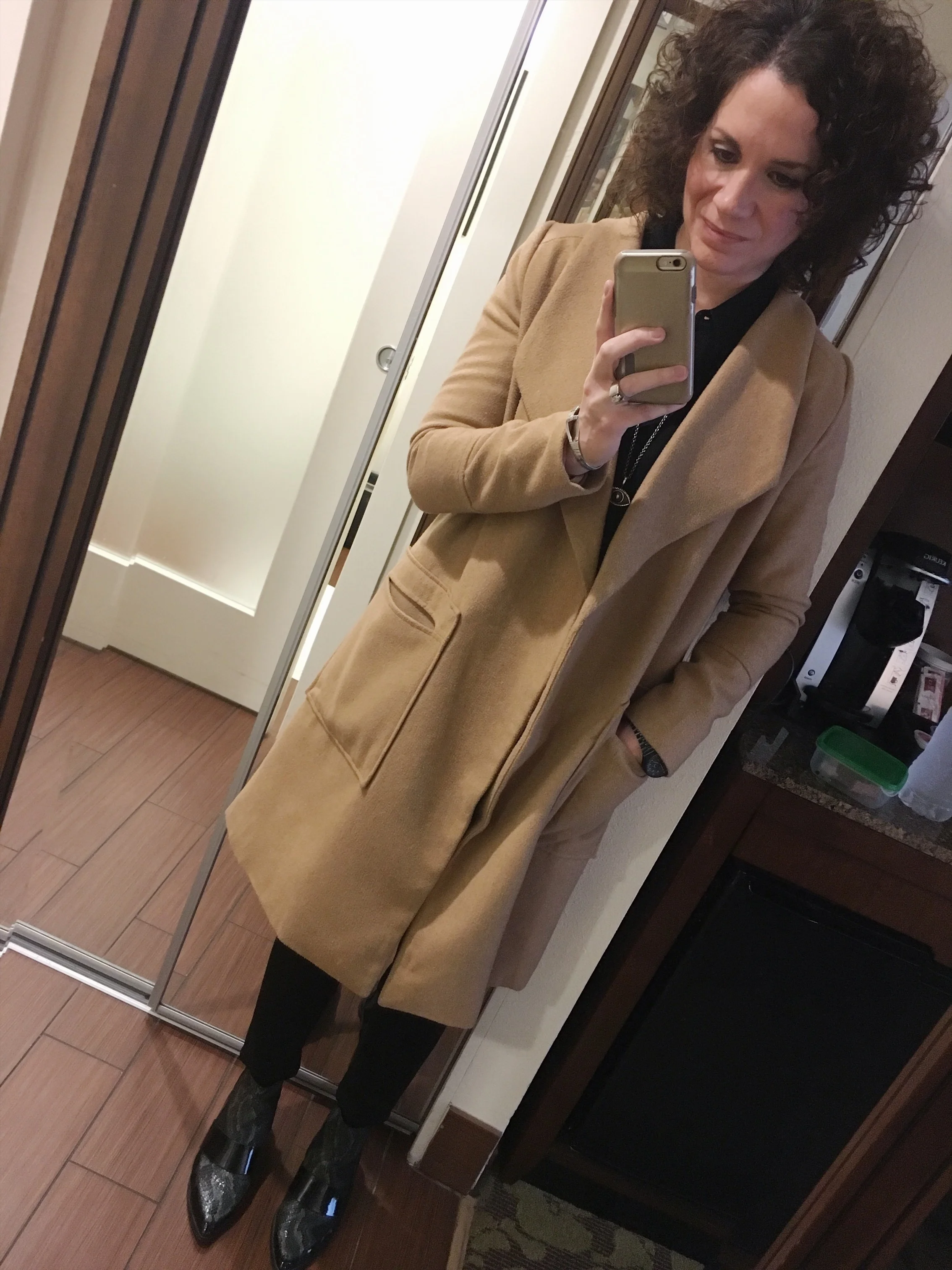 I found this camel coat at The Trunk. It's the perfect lightweight winter jacket. ( similar here )